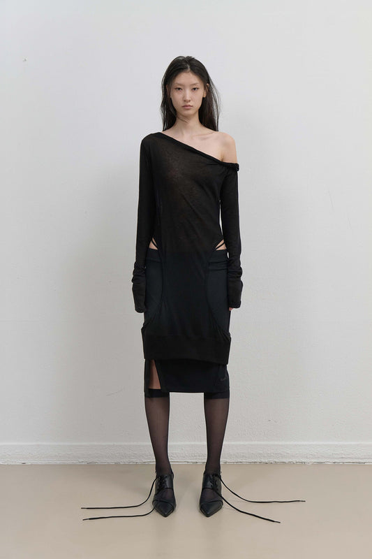 BUTTON SLIT MIDI SKIRT - BLACK