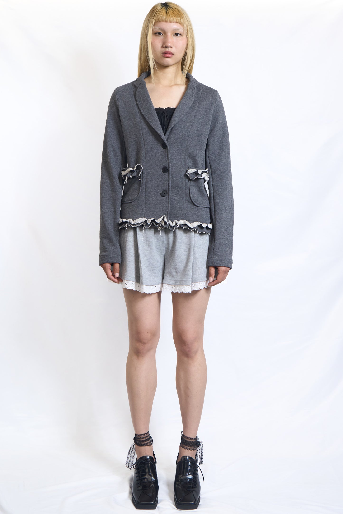 PLASTER JERSEY BLAZER WITH RAW RUFFLE TRIM