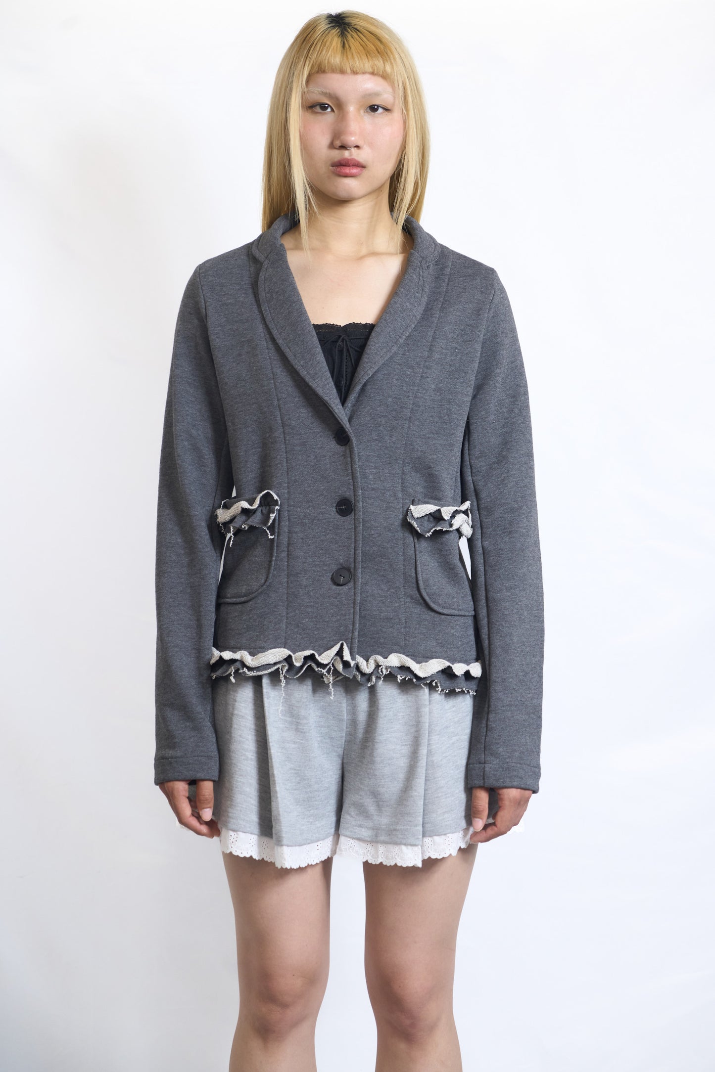 PLASTER JERSEY BLAZER WITH RAW RUFFLE TRIM