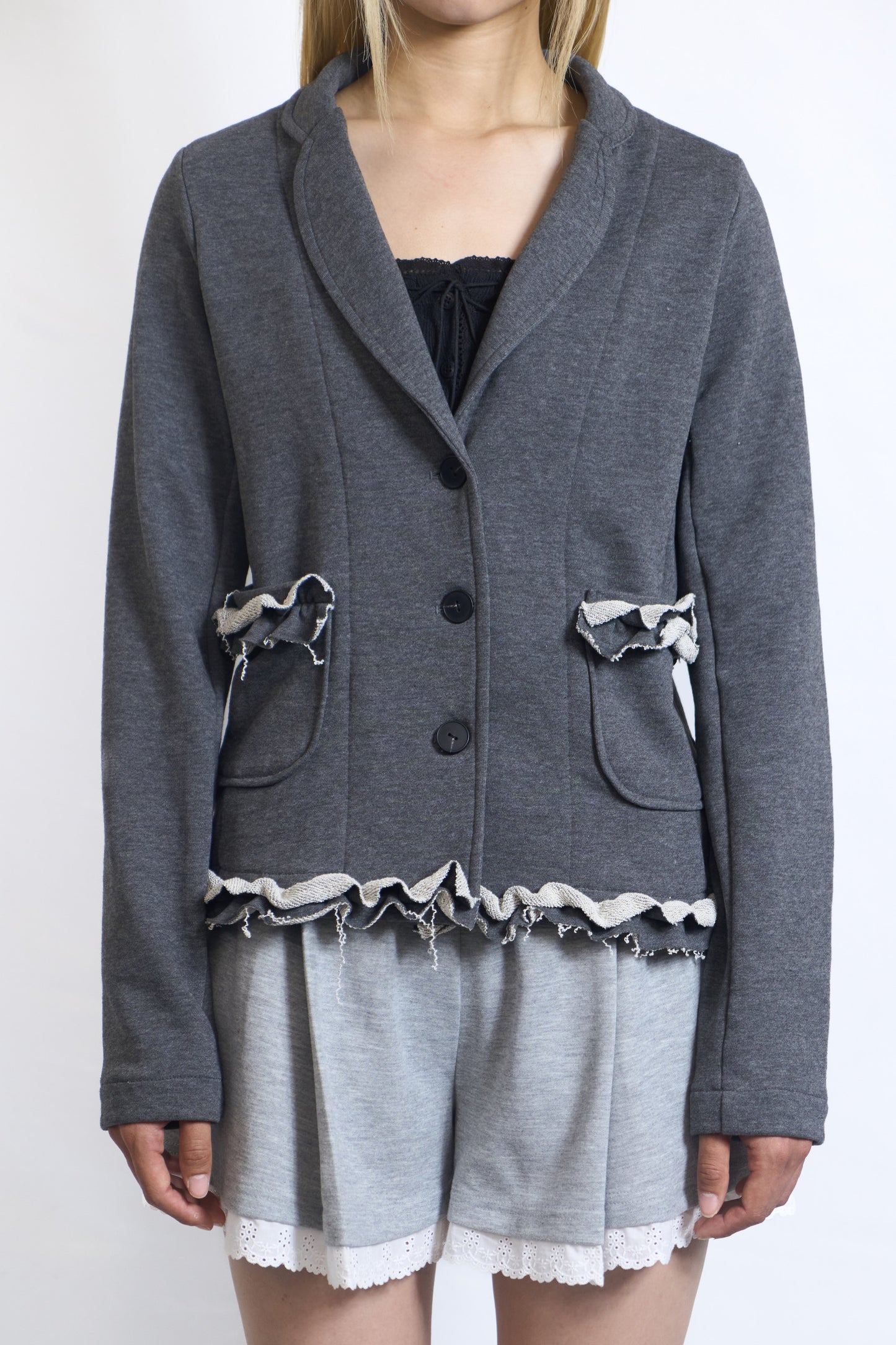 PLASTER JERSEY BLAZER WITH RAW RUFFLE TRIM