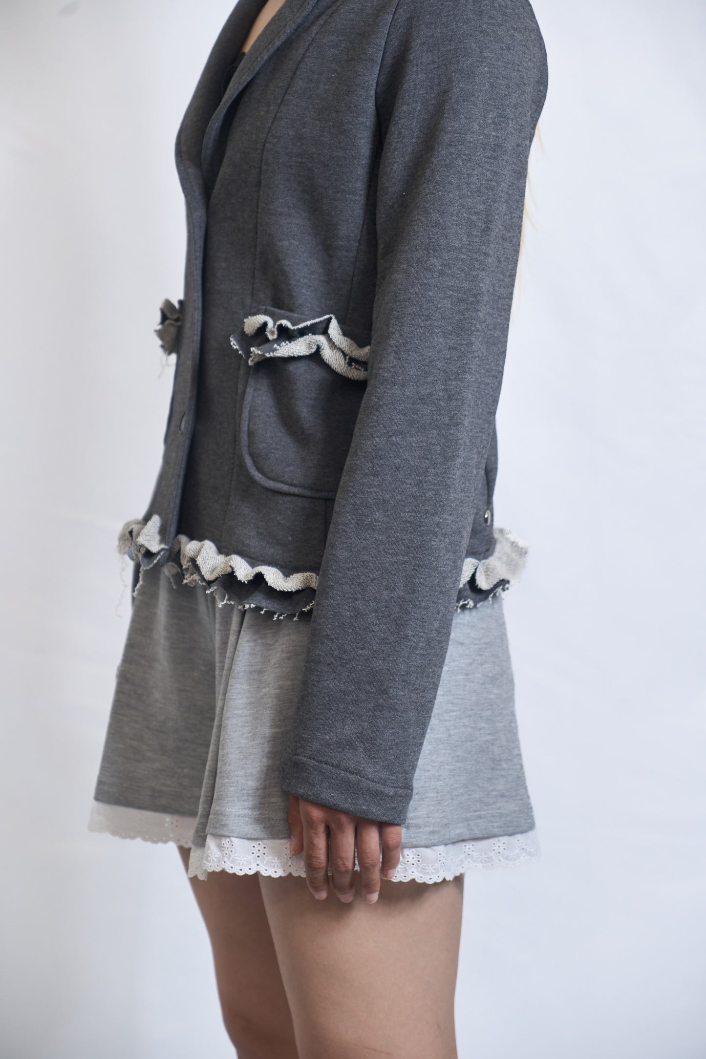 PLASTER JERSEY BLAZER WITH RAW RUFFLE TRIM