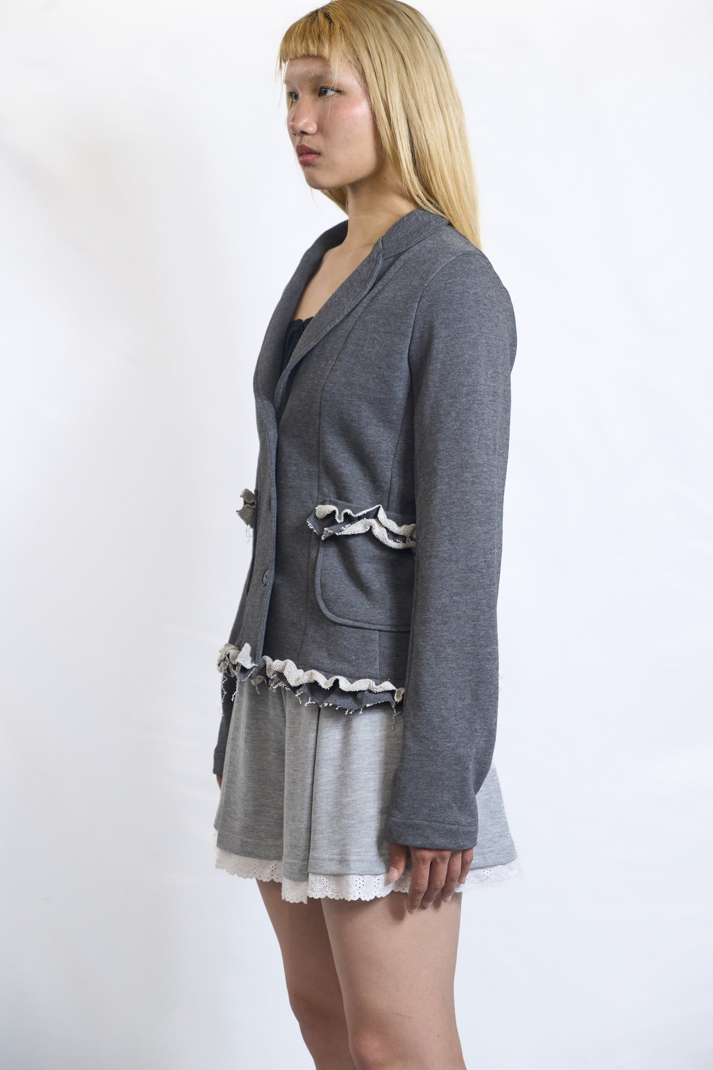 PLASTER JERSEY BLAZER WITH RAW RUFFLE TRIM