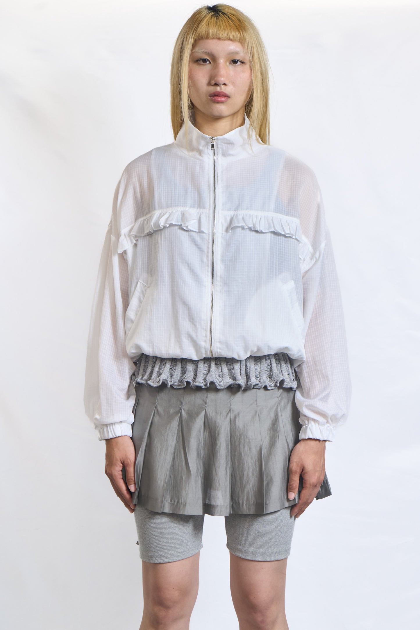 PLASTER SHEER RUFFLE ZIP BLOUSON