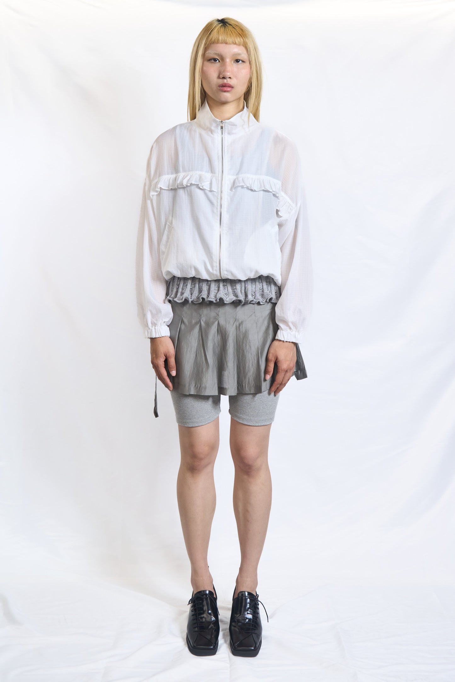 PLASTER SHEER RUFFLE ZIP BLOUSON