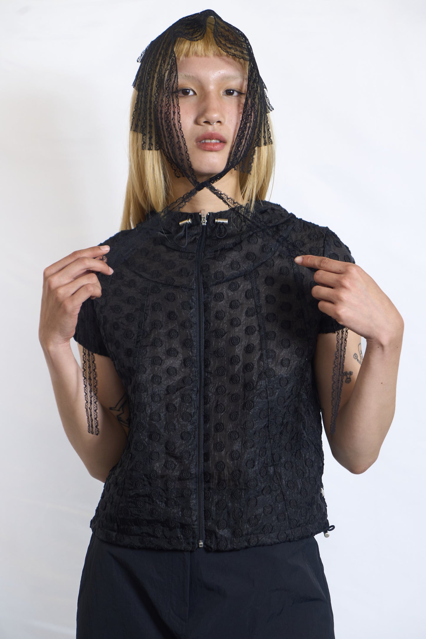 PLASTER RAISED DOT HOODED ZIP-UP
