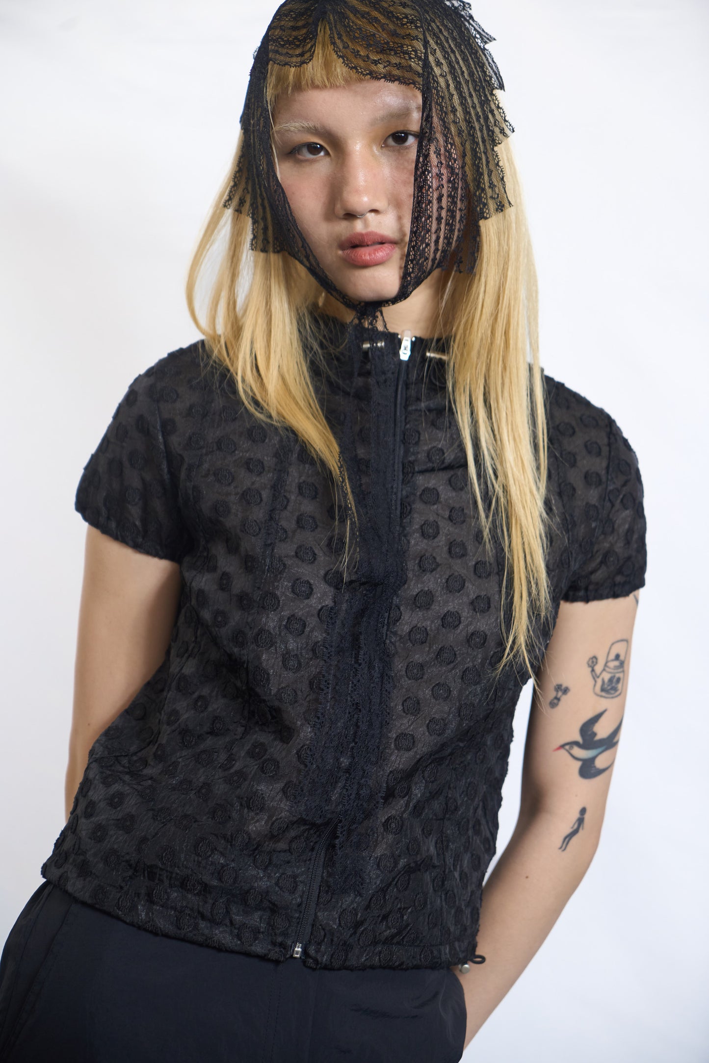 PLASTER RAISED DOT HOODED ZIP-UP