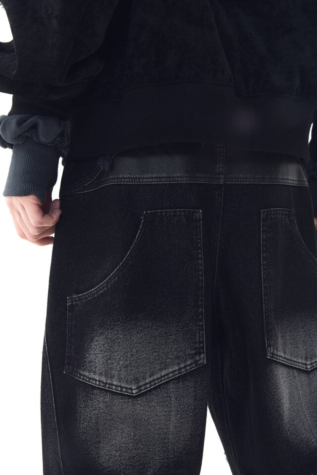 WIDE HEAVY WASHING WITH LEATHER PANTS