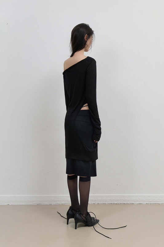 CURVED CUT LAYERED TEE - BLACK