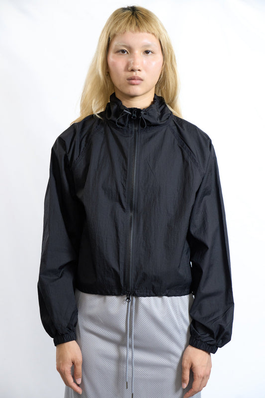LACE TRIM ZIP-UP WINDBREAKER BLACK