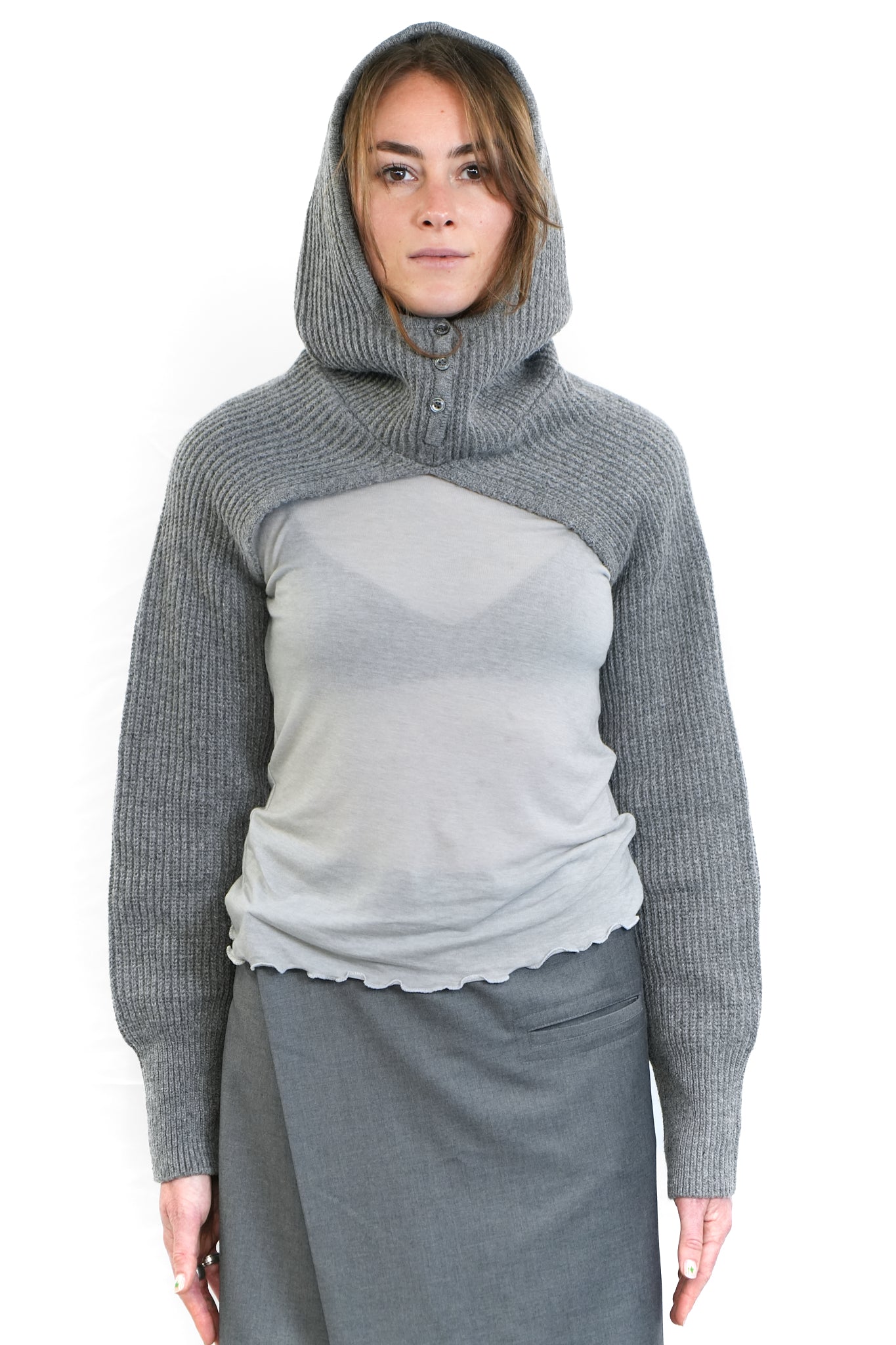 GREY HOODED WOOL SHRUG