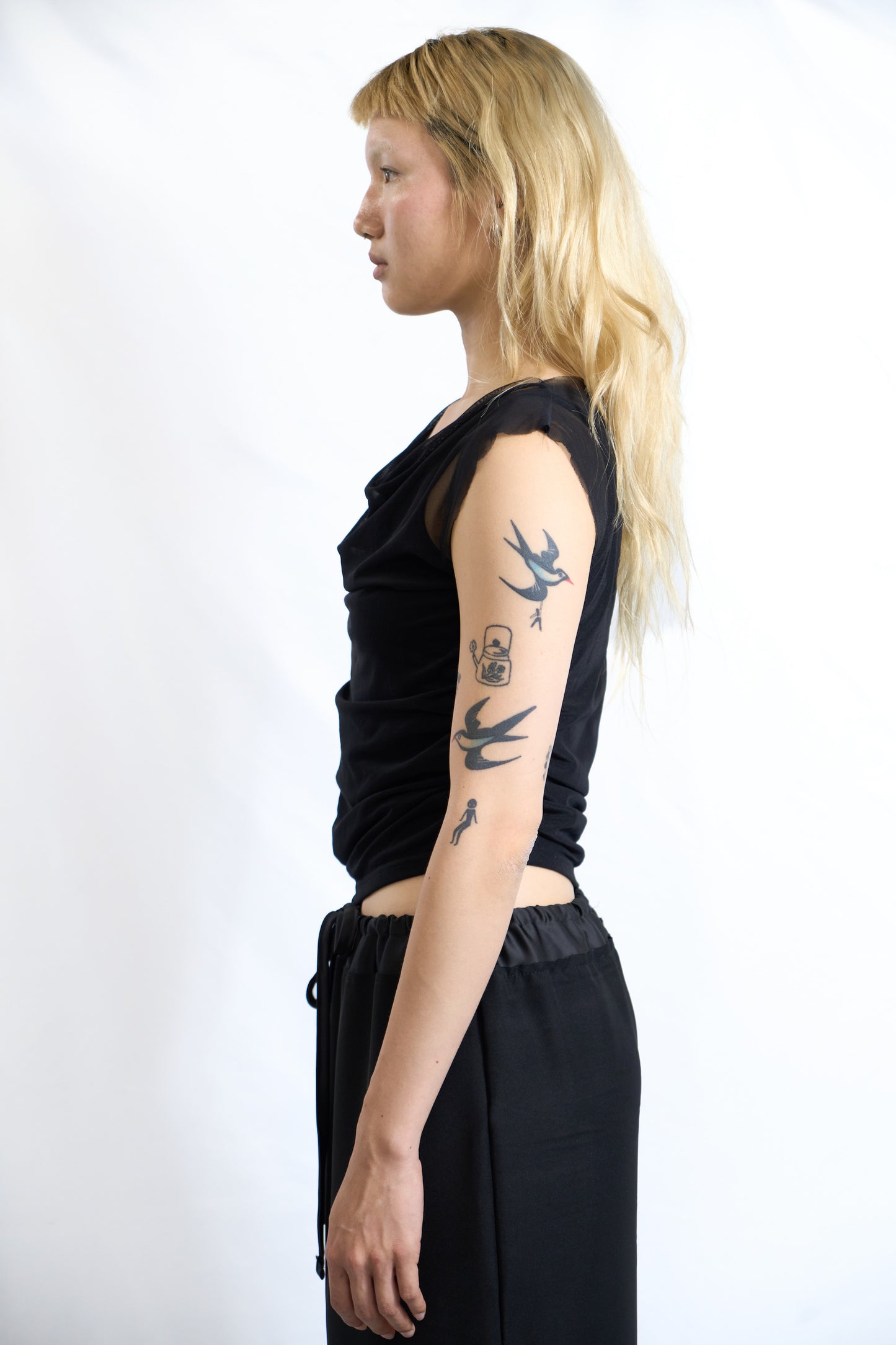 DRAPED MESH SLEEVELESS TOP BLACK