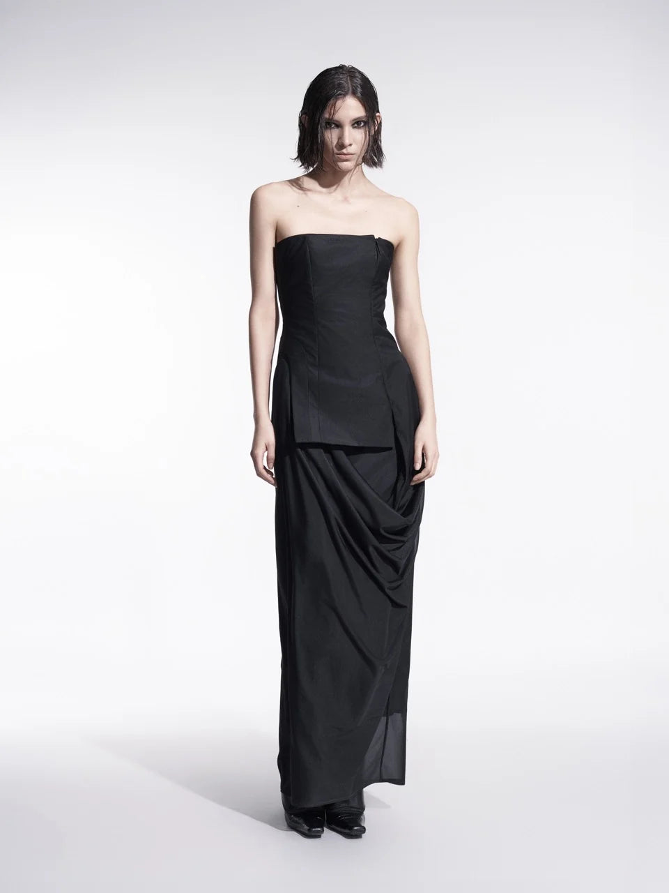 DETACHABLE SIDE-SPLIT DRAPED STRAPLESS MAXI DRESS
