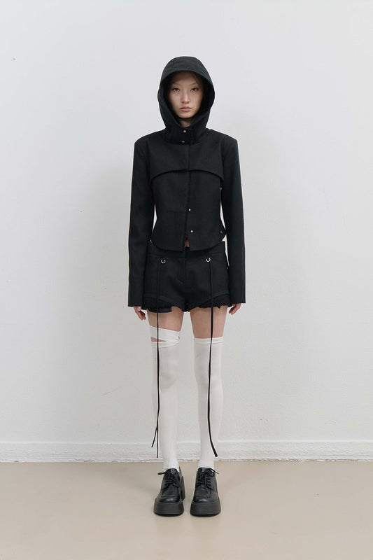 LAYERED BOLERO WOOL JACKET - BLACK