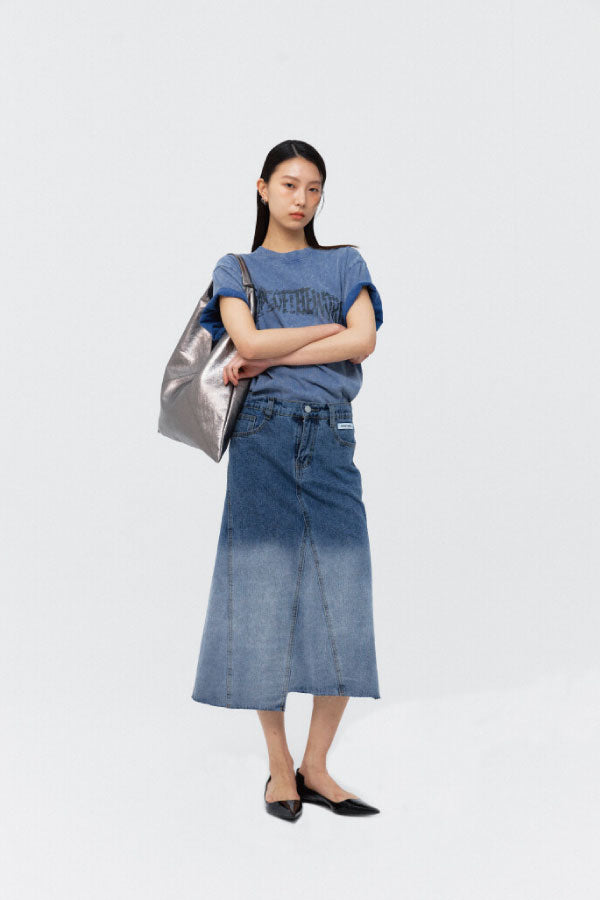 PEOPLE OF THE WORLD OMBRE-WASHED DENIM SKIRT BLUE