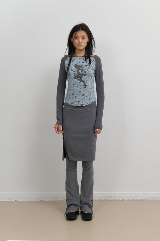 BUTTON SLIT MIDI SKIRT - GREY