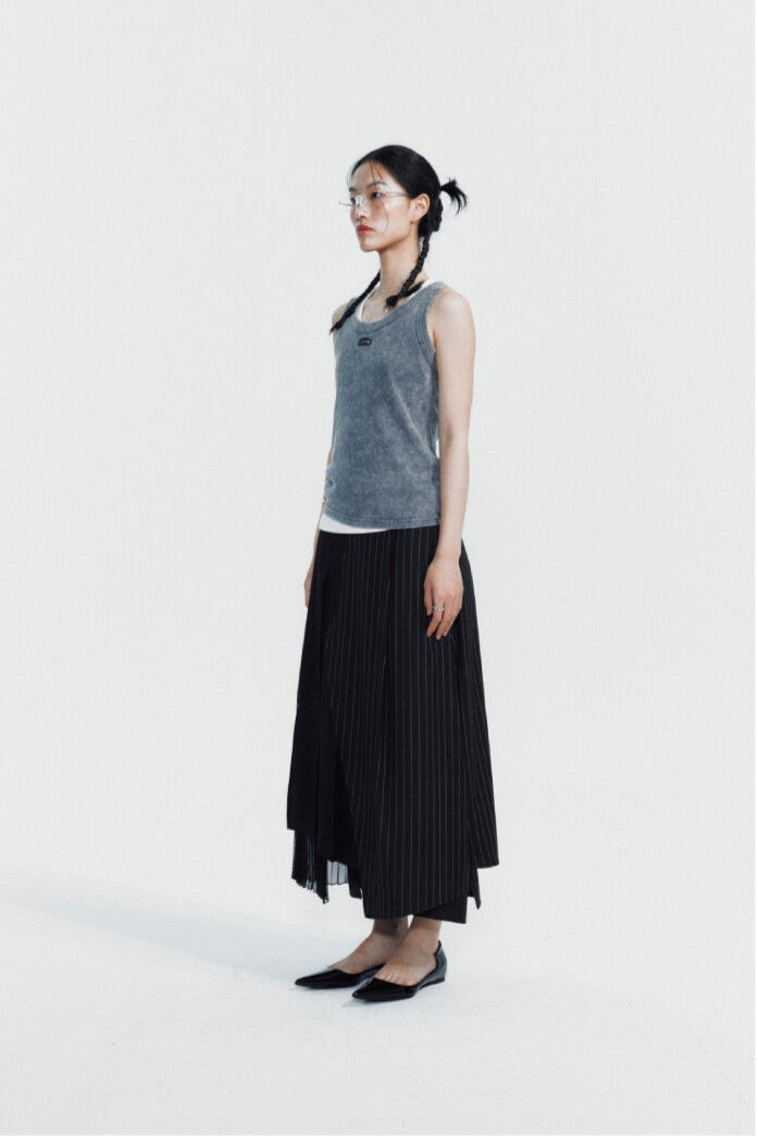 ASYMMETRIC STRIPE PLEATED MIDI SKIRT