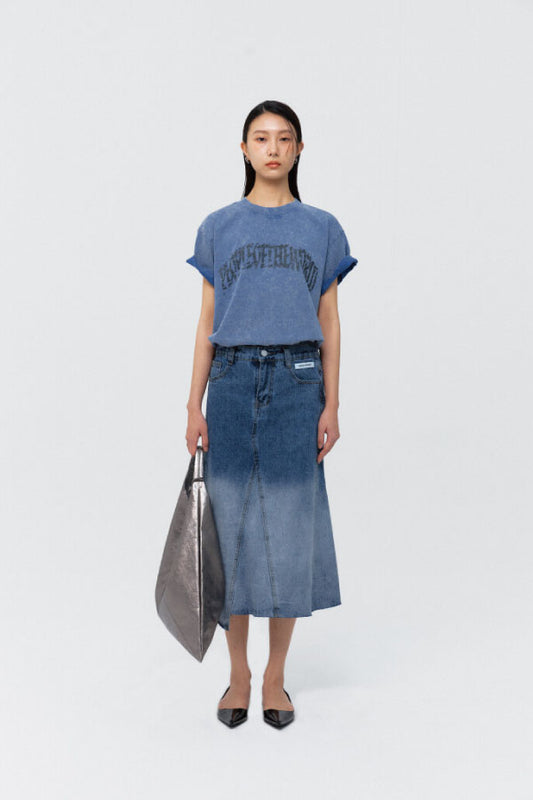 OMBRE-WASHED DENIM SKIRT BLUE