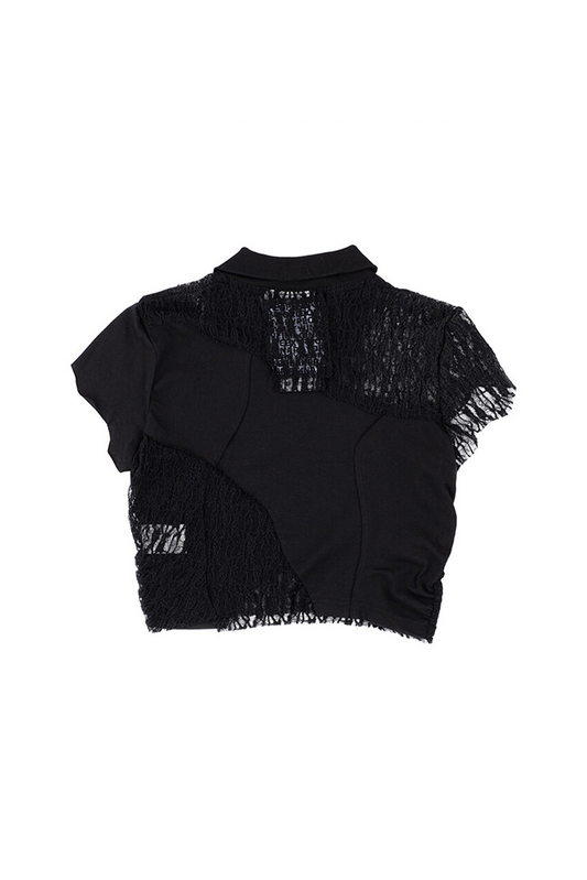 SIDE SHIRRING COTTON LACE CROP TEE