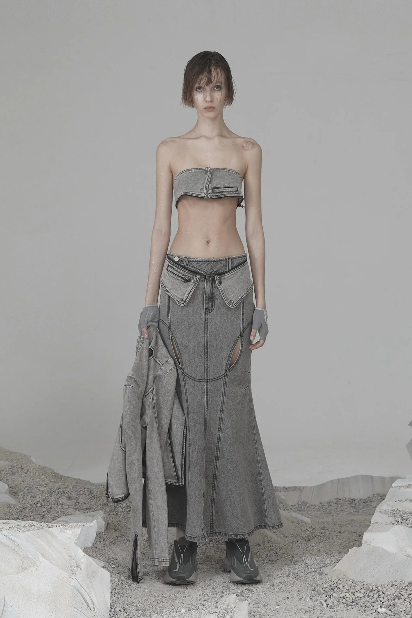 OJOS MERMAID SLIT DENIM SKIRT GREY