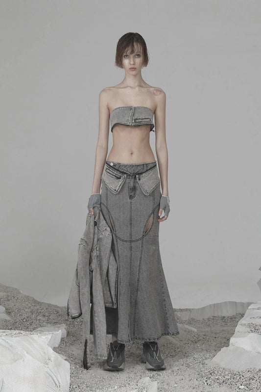 OJOS MERMAID SLIT DENIM SKIRT GREY