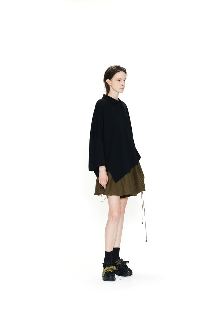 ASYMMETRICAL WIDE POLO TOP BLACK