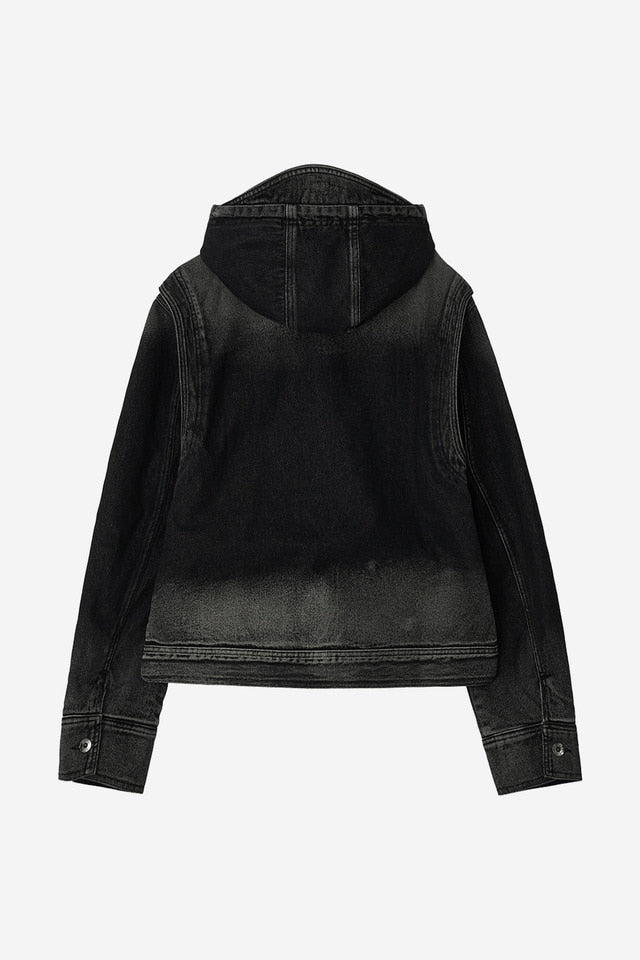 BLEACHED DENIM HOODIE ZIP-UP JACKET