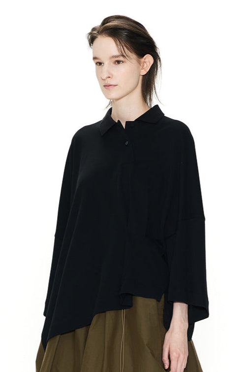 ASYMMETRICAL WIDE POLO TOP BLACK