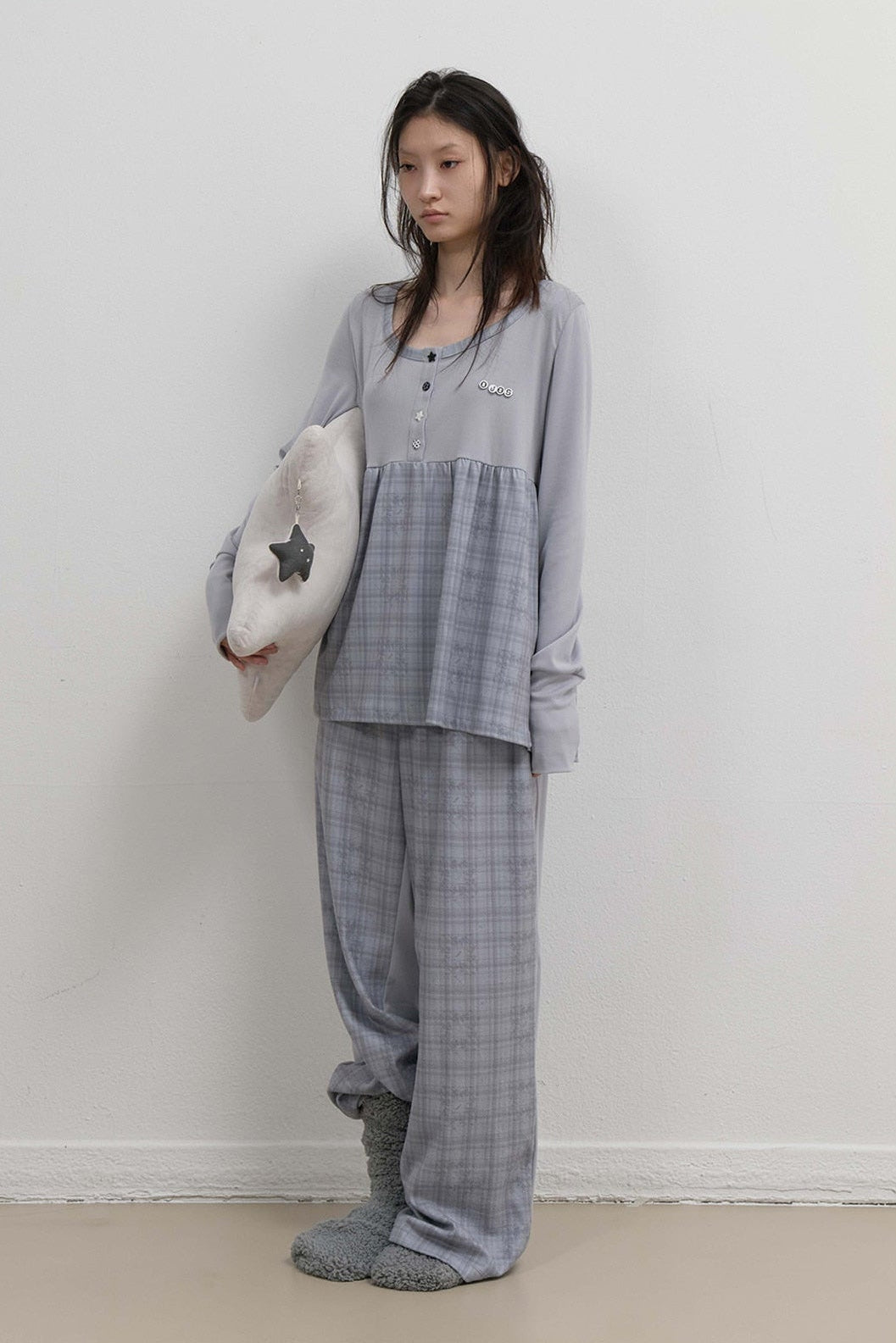 CHECK SLEEP JERSEY PANTS - GREY