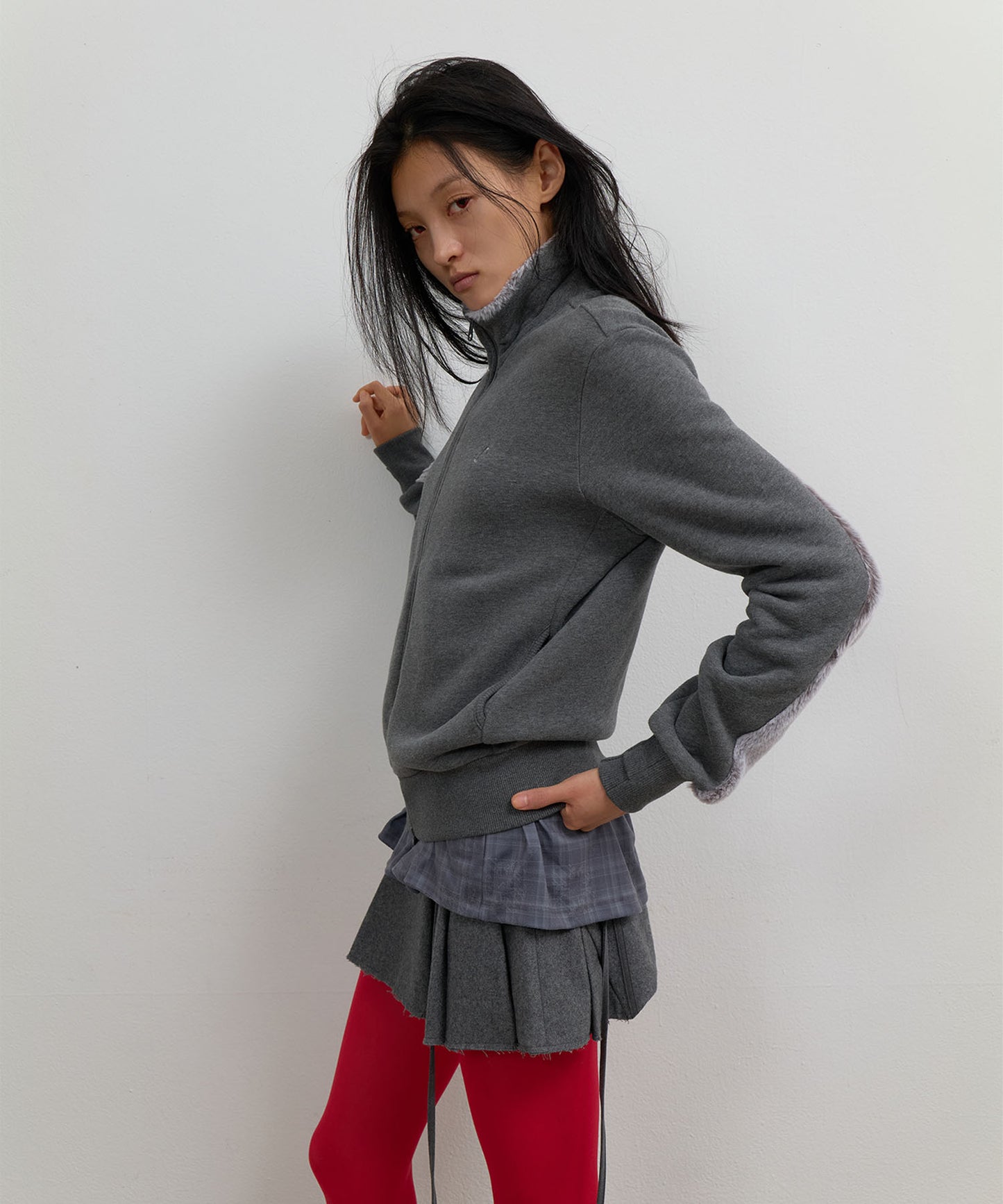 FUR TRIM JERSEY ZIP-UP - CHARCOAL