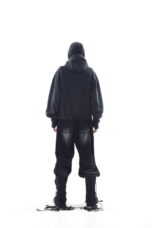 DYED RAW-EDGED HOODIE WITH LINEN MUFFLER BLACK
