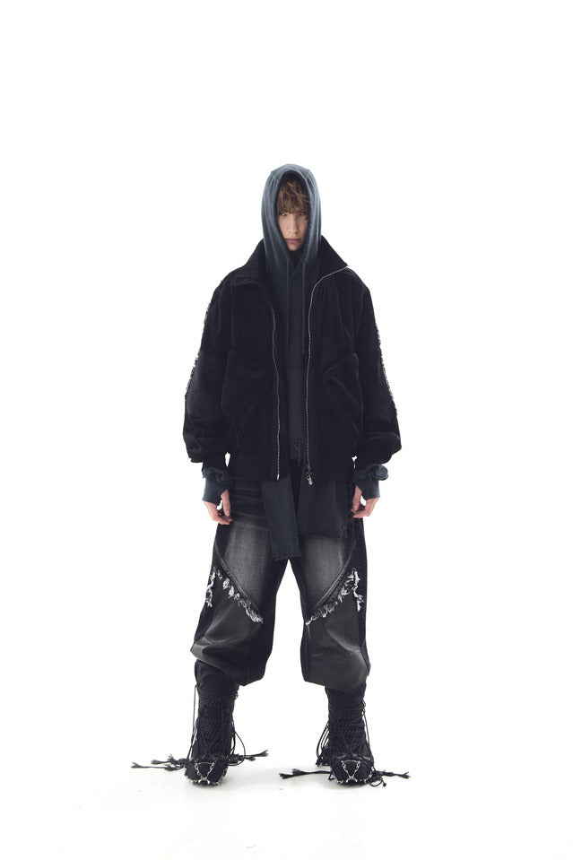 WIDE HEAVY WASHING WITH LEATHER PANTS