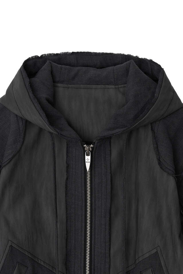 DESTROYED LEATHER AND LINEN HOODIE ZIP-UP JACKET