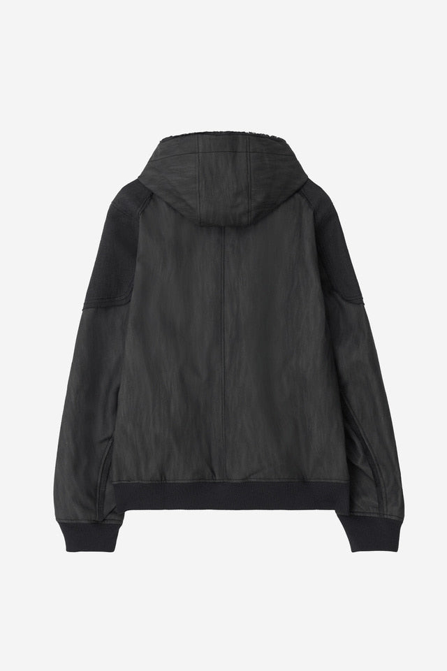 DESTROYED LEATHER AND LINEN HOODIE ZIP-UP JACKET