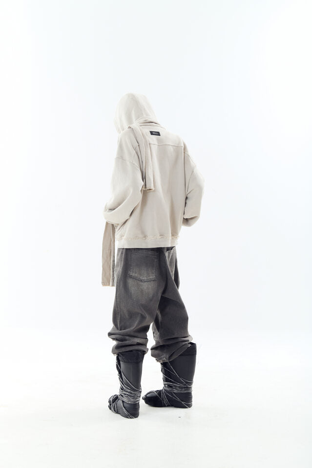 DYED RAW-EDGED HOODIE WITH LINEN MUFFLER IVORY