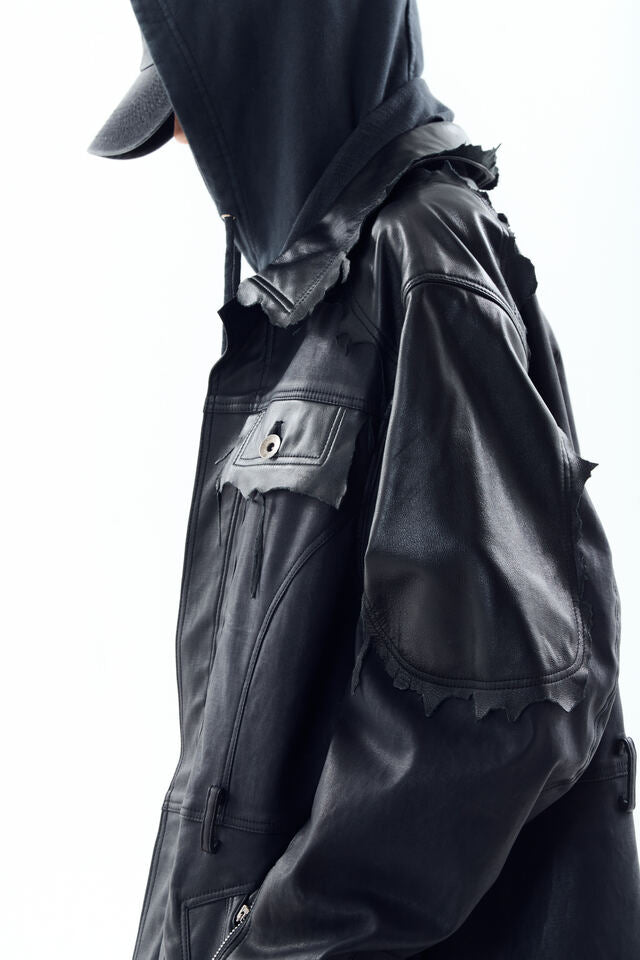 LAMBSKIN COATED DENIM MIXED LONG COAT