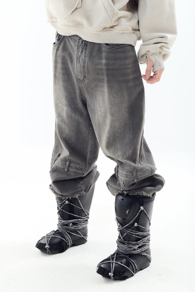 OIL WASHED DOUBLE WAIST DENIM PANTS