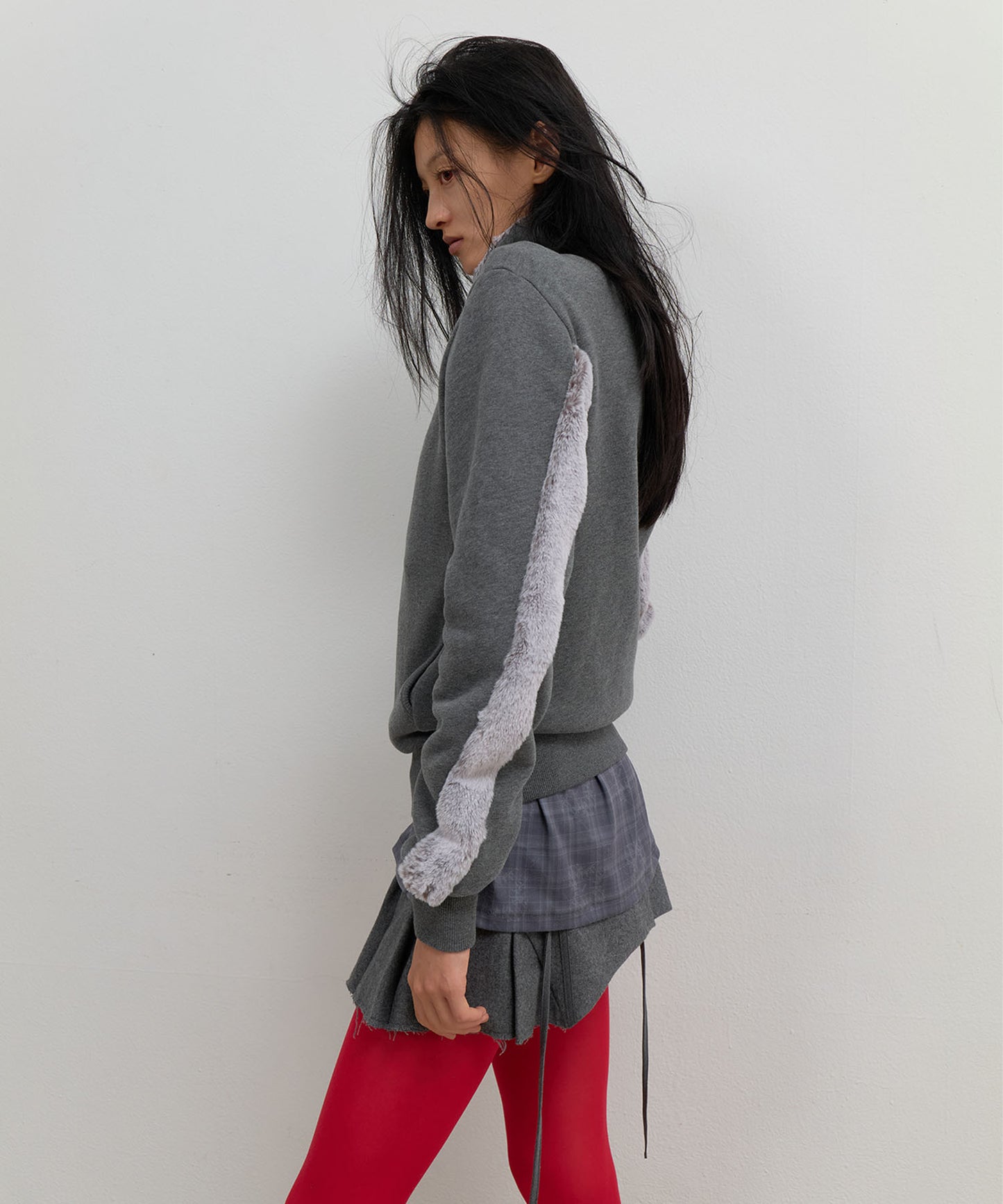 FUR TRIM JERSEY ZIP-UP - CHARCOAL