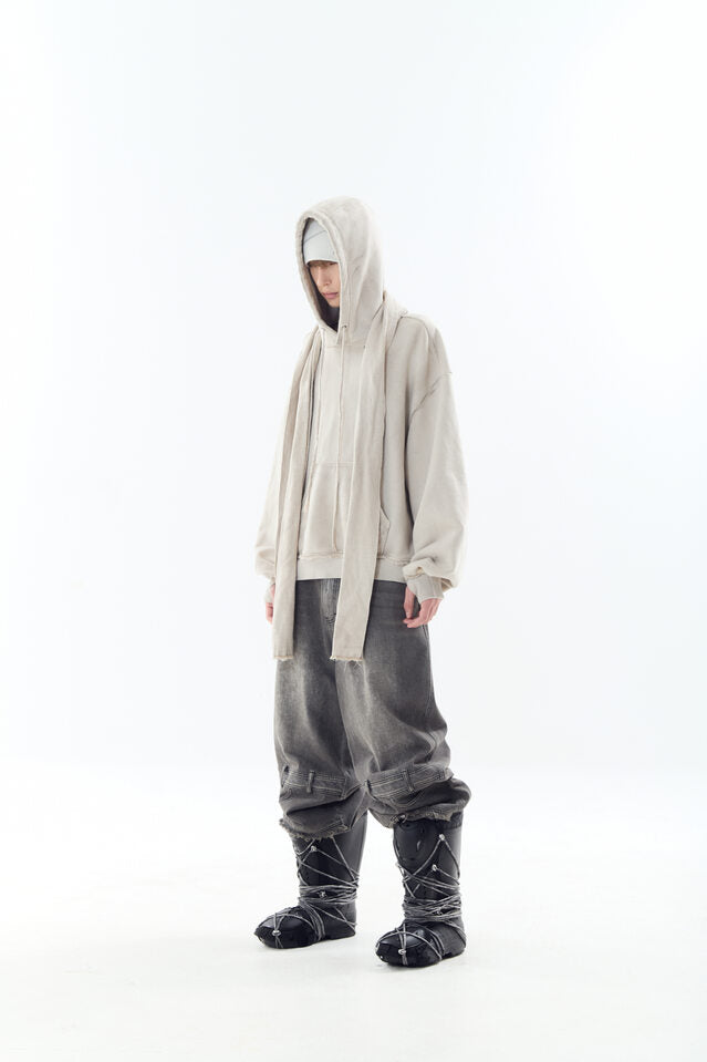 OIL WASHED DOUBLE WAIST DENIM PANTS