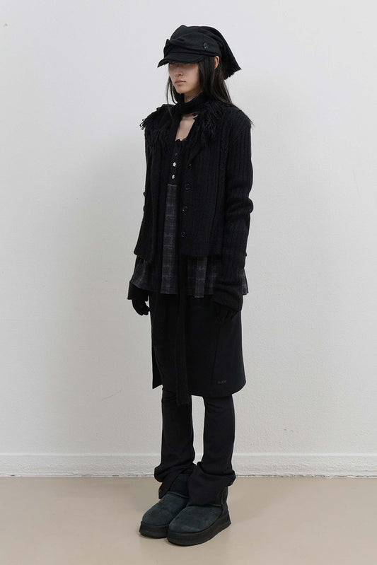 TASSEL COLLAR KNIT CARDIGAN - BLACK