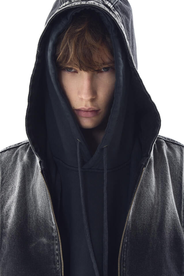 BLEACHED DENIM HOODIE ZIP-UP JACKET