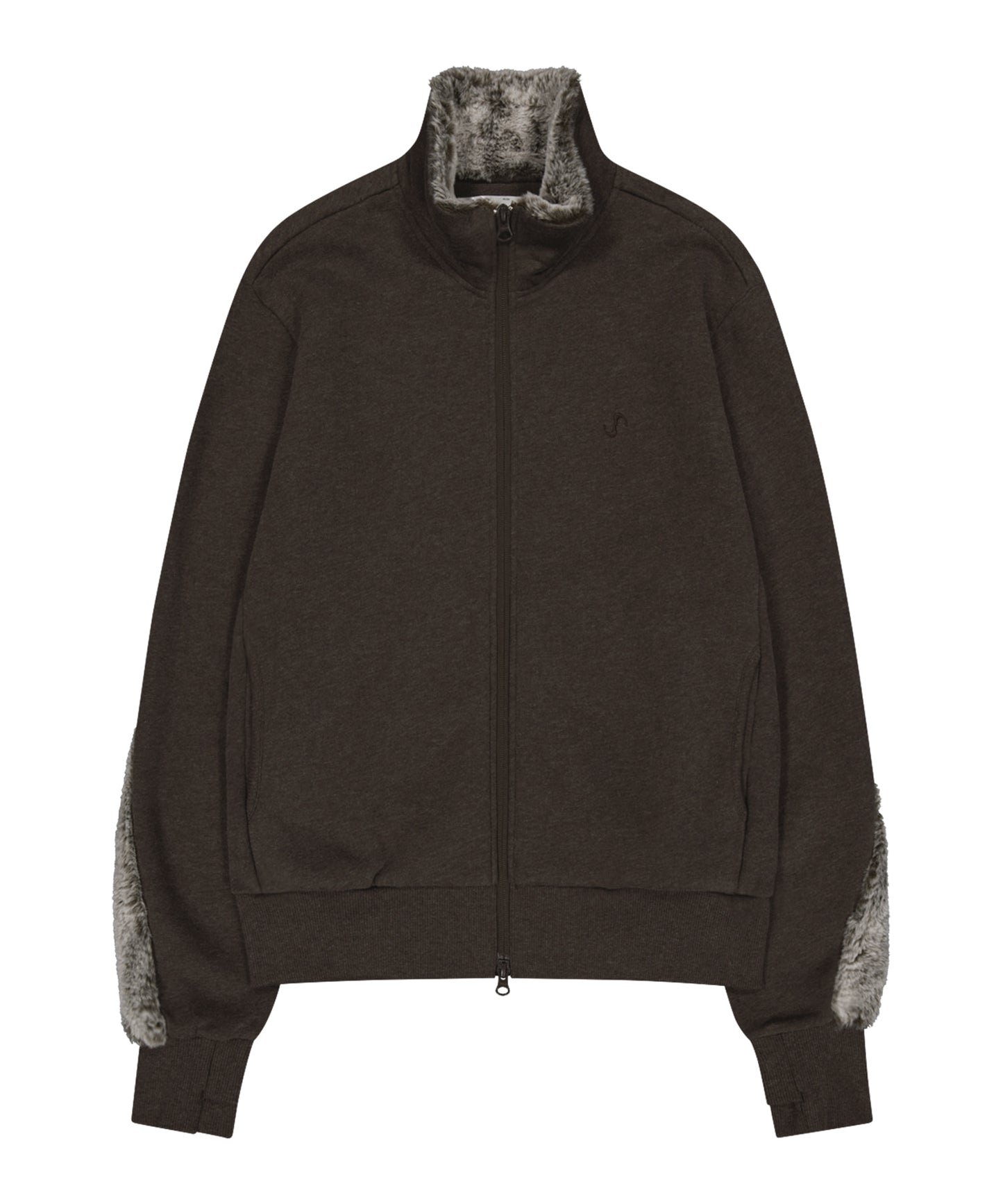 FUR TRIM JERSEY ZIP-UP - STONE BROWN