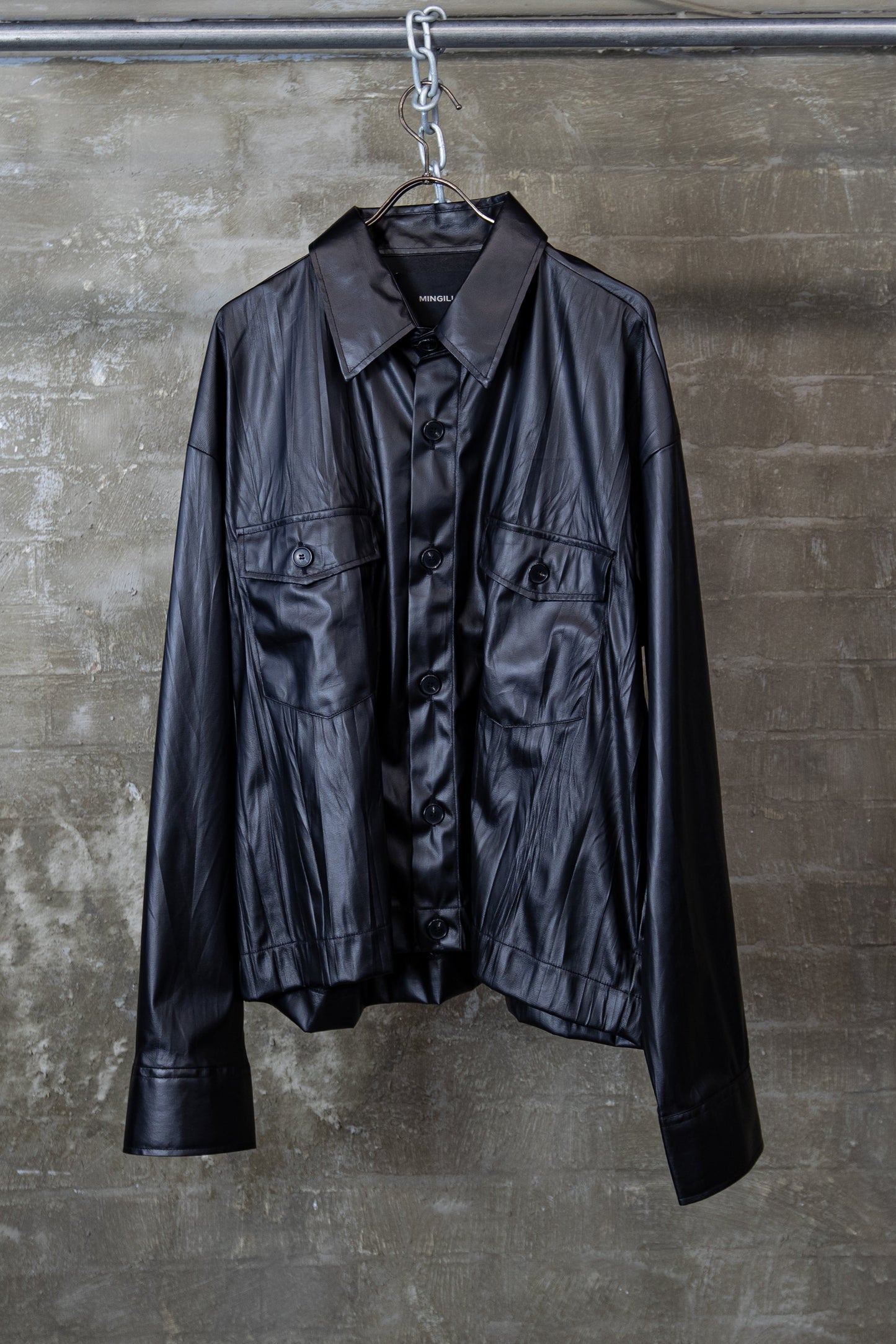 FAUX LEATHER SHIRT JACKET — BLACK