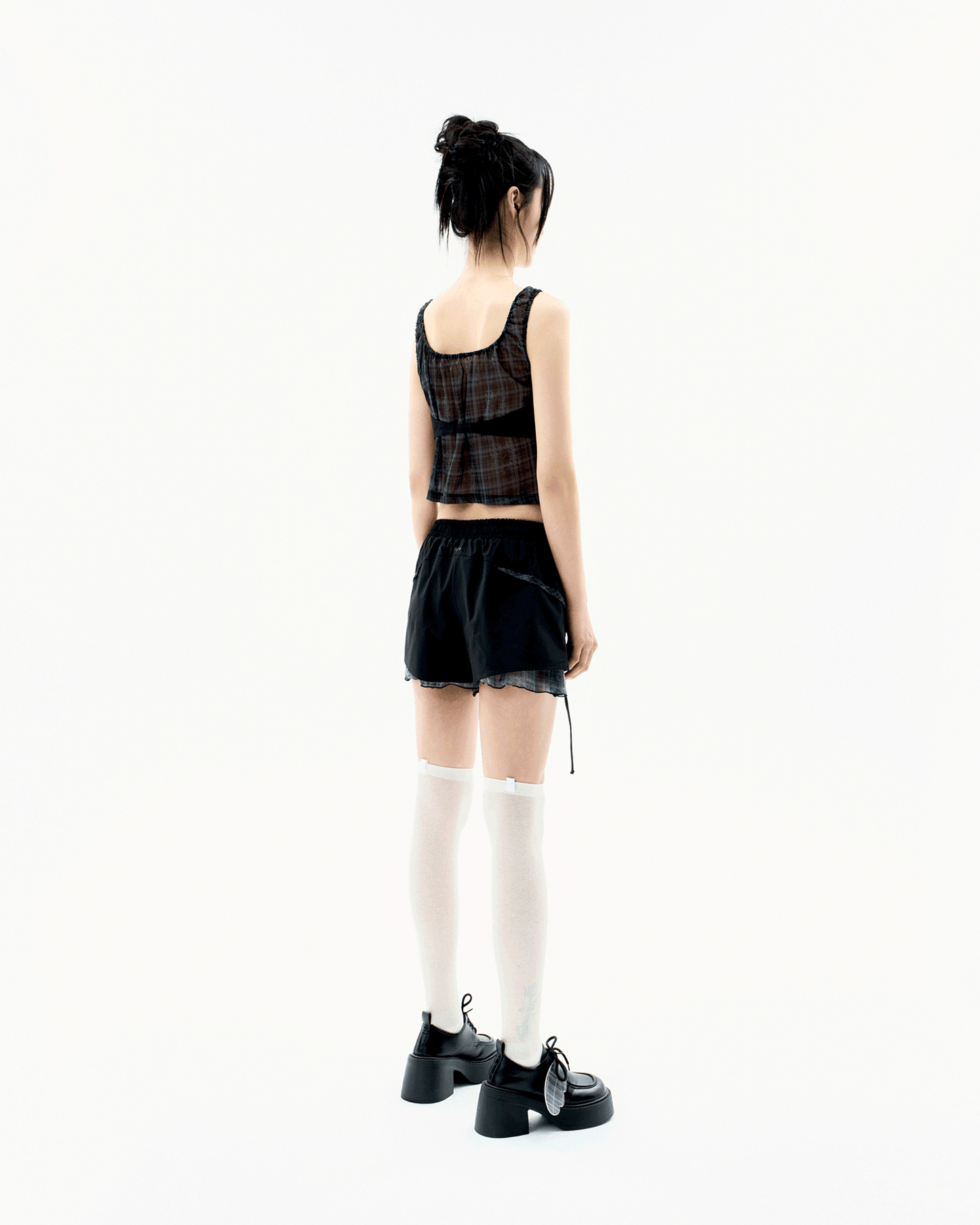 OJOS REVERSIBLE PLAID TRACK SHORTS BLACK