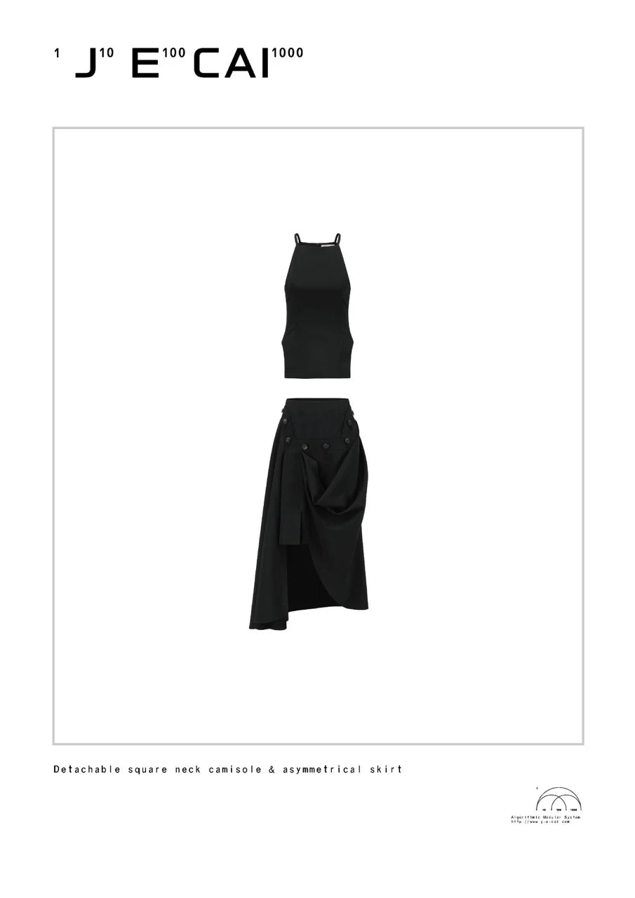 DETACHABLE HIGH SQUARE NECK CAMISOLE ASYMMETRIC DRAPED MAXI DRESS SET