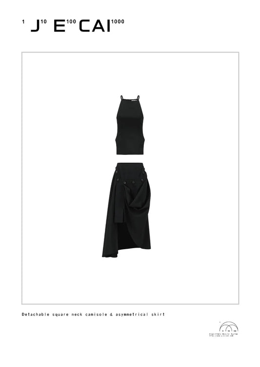DETACHABLE HIGH SQUARE NECK CAMISOLE ASYMMETRIC DRAPED MAXI DRESS SET