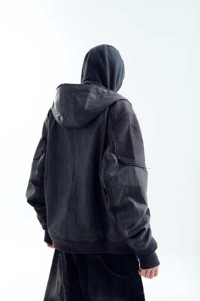 DESTROYED LEATHER AND LINEN HOODIE ZIP-UP JACKET