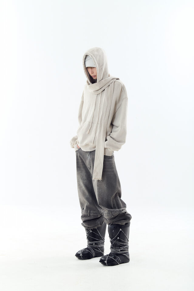 DYED RAW-EDGED HOODIE WITH LINEN MUFFLER IVORY