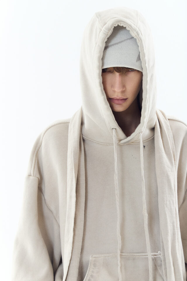 DYED RAW-EDGED HOODIE WITH LINEN MUFFLER IVORY