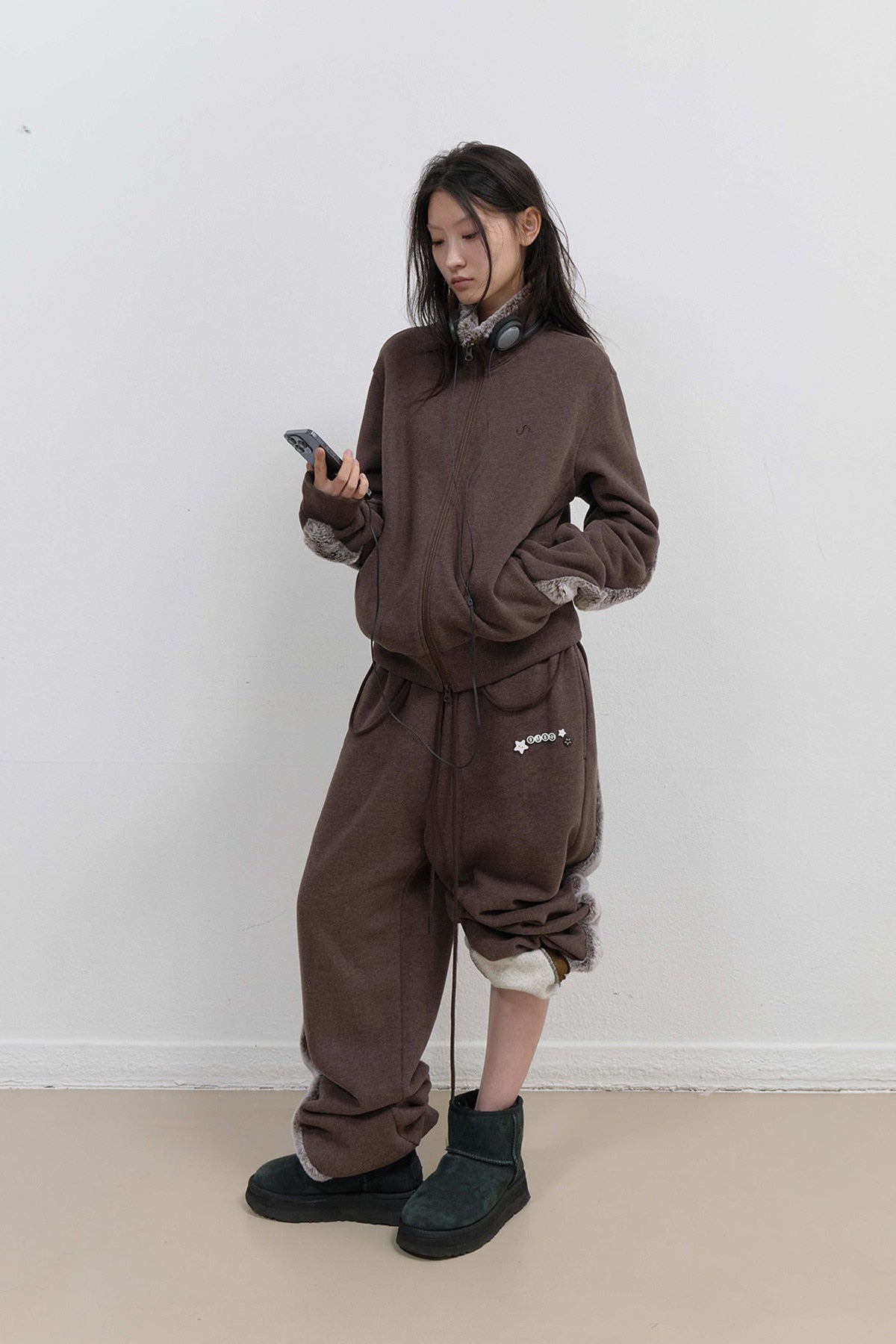 FUR TRIM JERSEY ZIP-UP - STONE BROWN