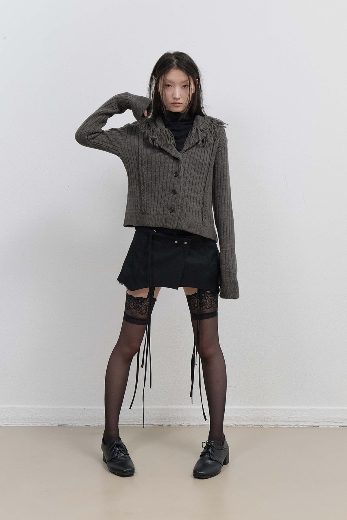 TASSEL COLLAR KNIT CARDIGAN - CHARCOAL